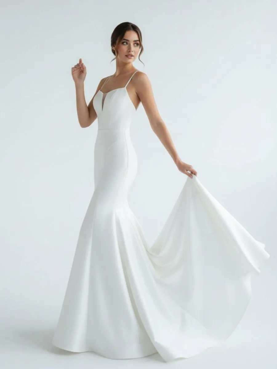 Mermaid White Spaghetti Straps Long Lace Wedding Dress sold by KissProm product image thumbnail 5