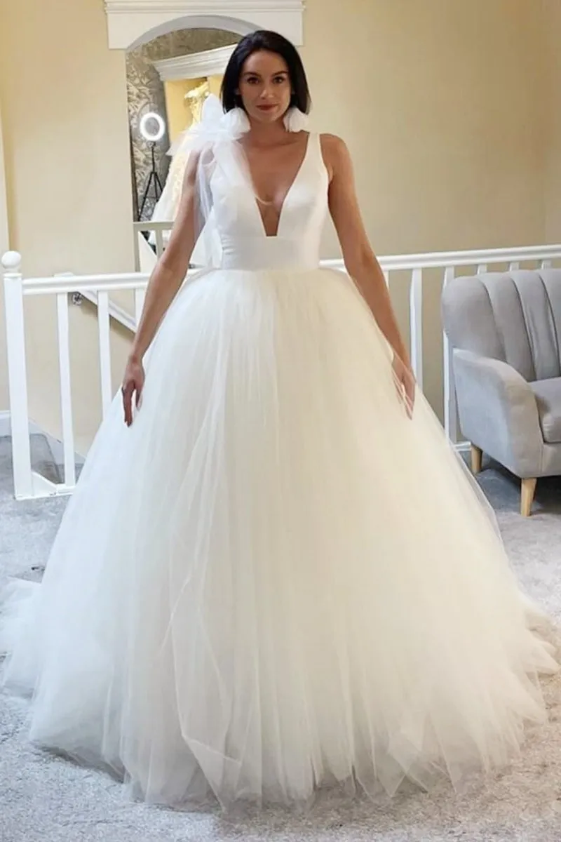 A-Line White Tulle Plunge V Open Back Wedding Dress sold by KissProm product image thumbnail 2