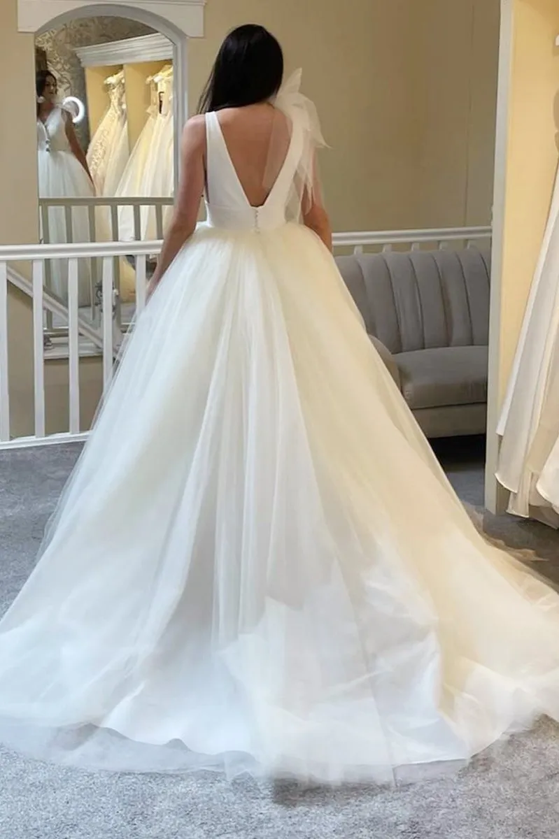 A-Line White Tulle Plunge V Open Back Wedding Dress sold by KissProm product image thumbnail 3