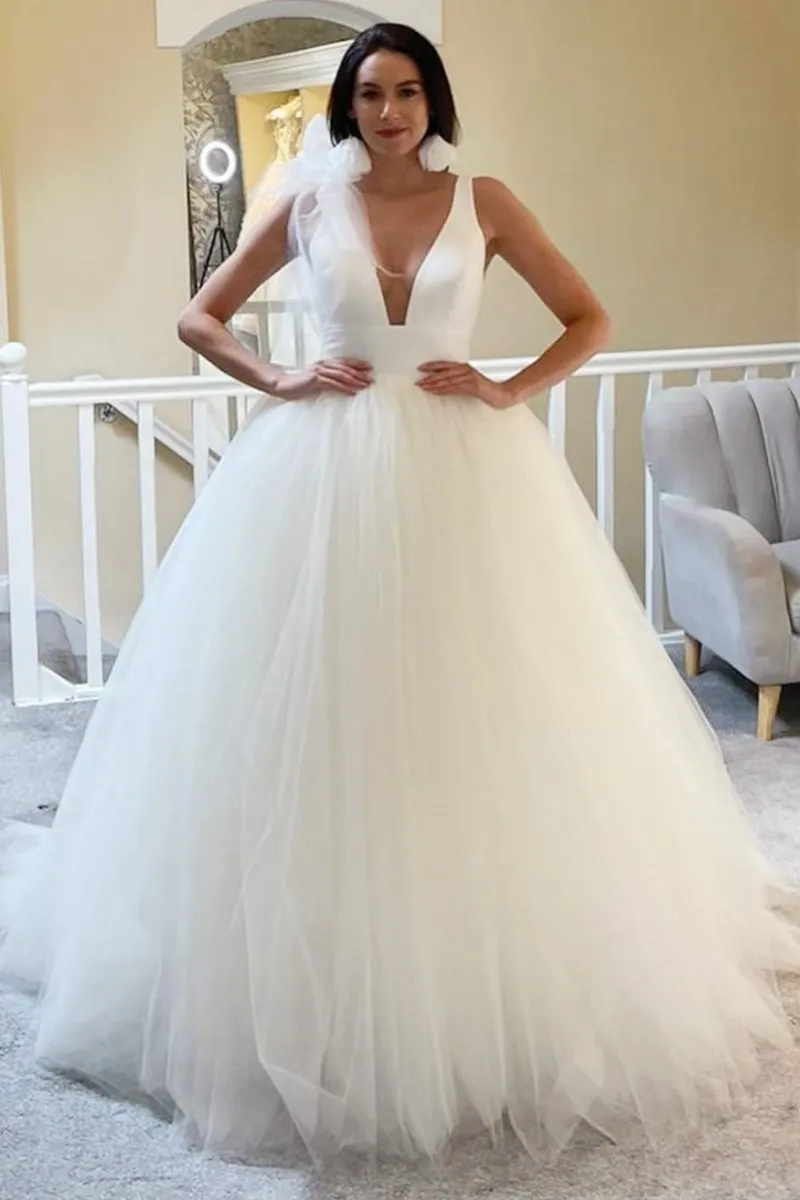 A-Line White Tulle Plunge V Open Back Wedding Dress sold by KissProm