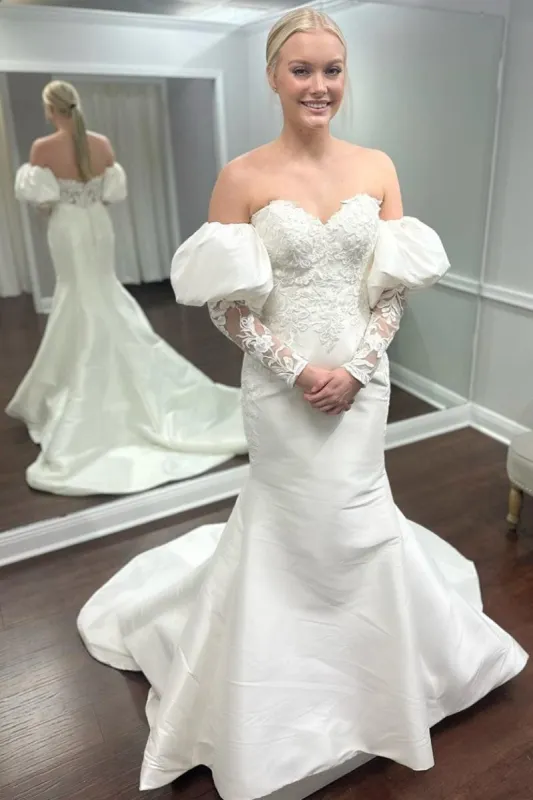 White Appliques Off-the-Shoulder Mermaid Wedding Dress with Detached Sleeves made by KissProm