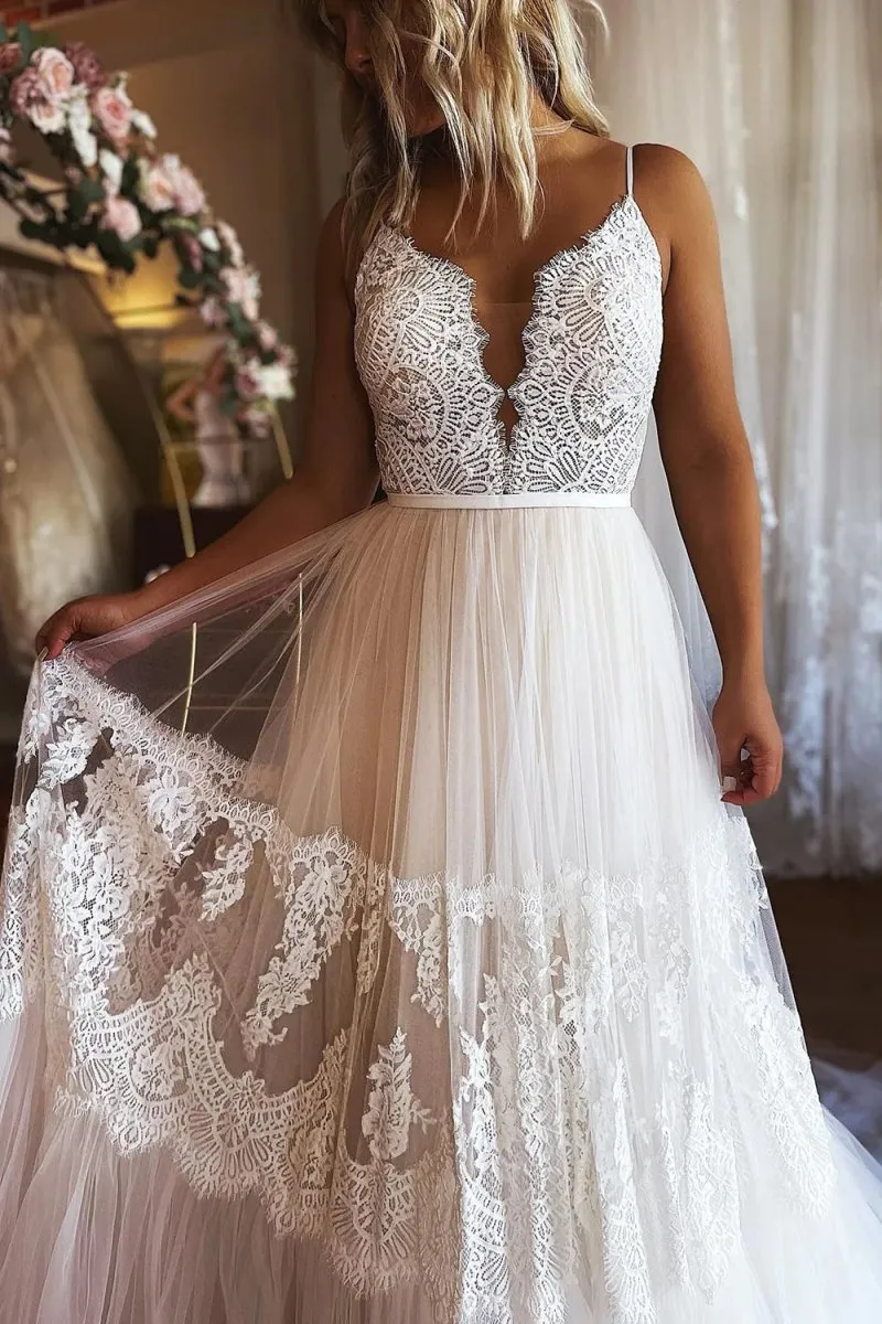 Ivory Boho A-Line Long Tulle Wedding Dress with Appliques sold by KissProm product image thumbnail 2