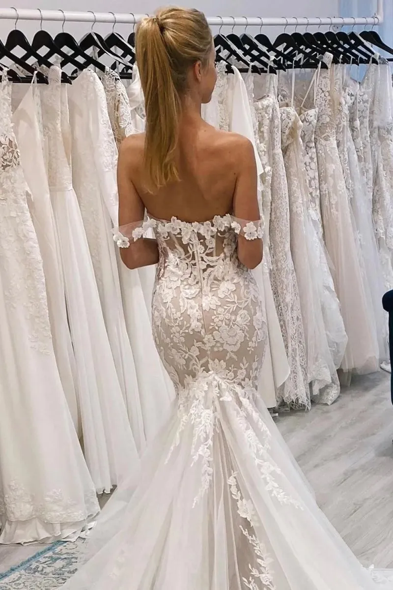 Ivory Off the Shoulder Long Lace Mermaid Wedding Dress sold by KissProm product image thumbnail 3