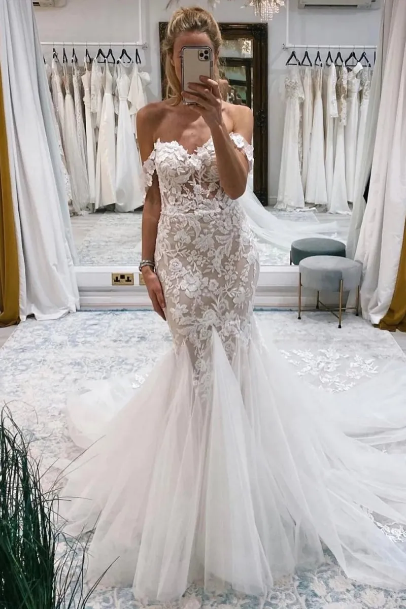 Ivory Off the Shoulder Long Lace Mermaid Wedding Dress sold by KissProm