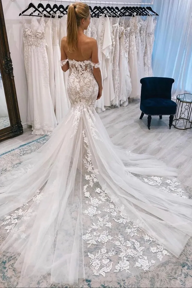 Ivory Off the Shoulder Long Lace Mermaid Wedding Dress sold by KissProm product image thumbnail 2