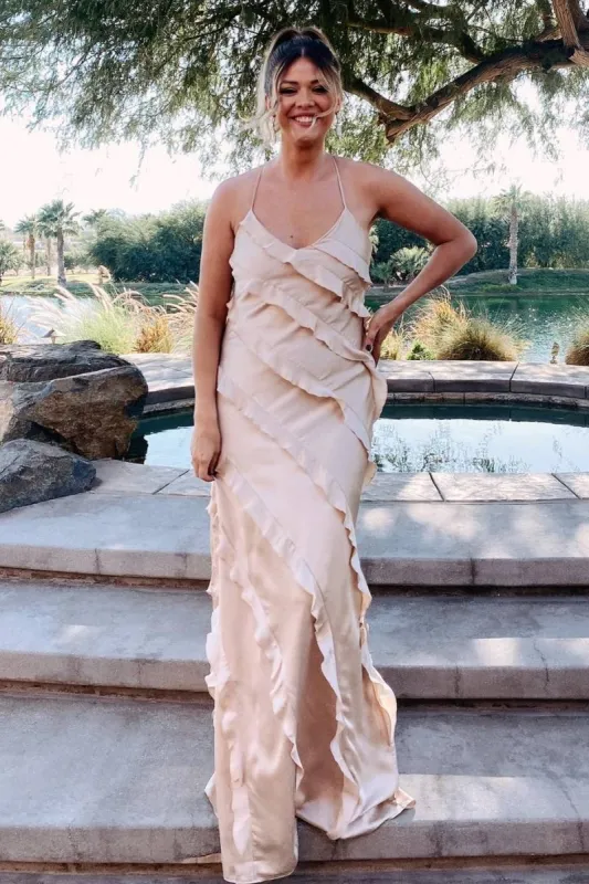 Straps Sheath Champagne Ruffle Maxi Bridesmaid Dress made by KissProm