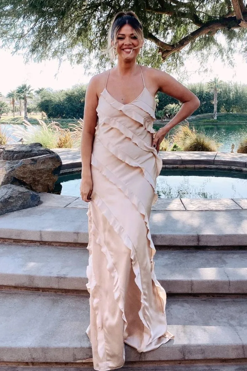 Straps Sheath Champagne Ruffle Maxi Bridesmaid Dress sold by KissProm
