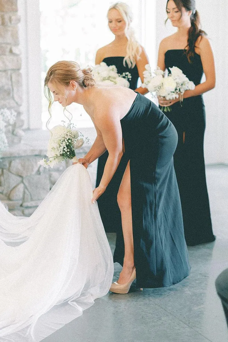 Black Strapless Long Bridesmaid Dresses with Slit sold by KissProm product image thumbnail 3