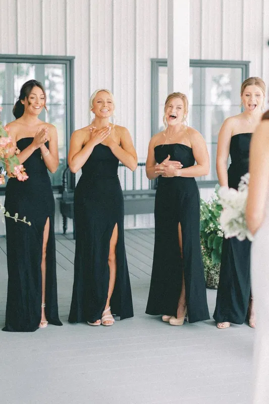 Black Strapless Long Bridesmaid Dresses with Slit made by KissProm
