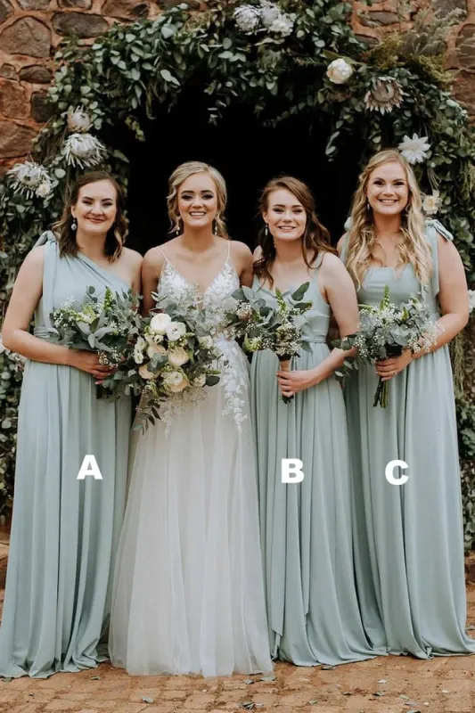 Grey Green Chiffon Spaghetti Straps A-Line Long Bridesmaid Dress made by KissProm