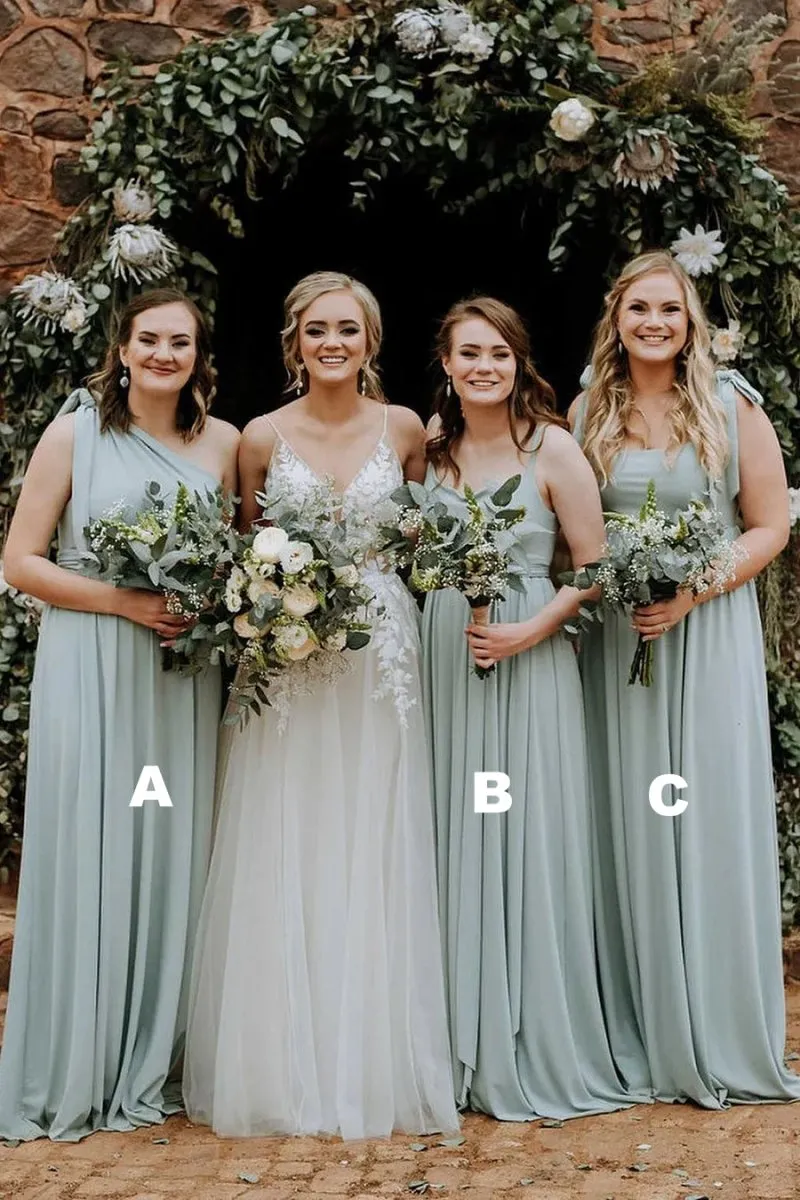 Grey Green Chiffon Spaghetti Straps A-Line Long Bridesmaid Dress sold by KissProm