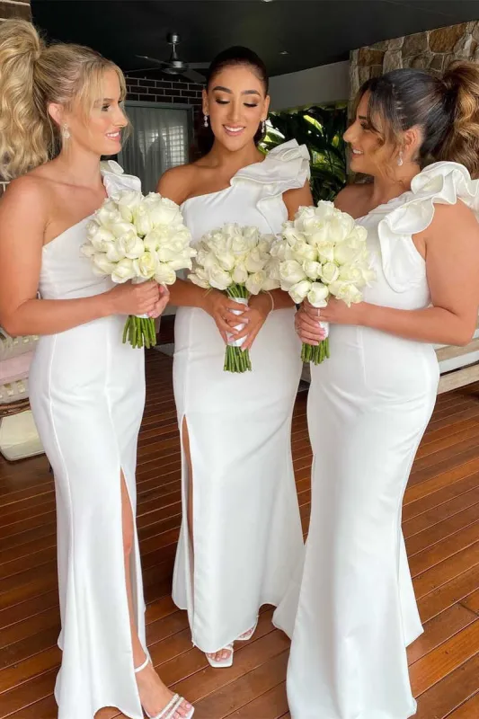 White One-Shoulder Flower Mermaid Long Bridesmaid Dress made by KissProm