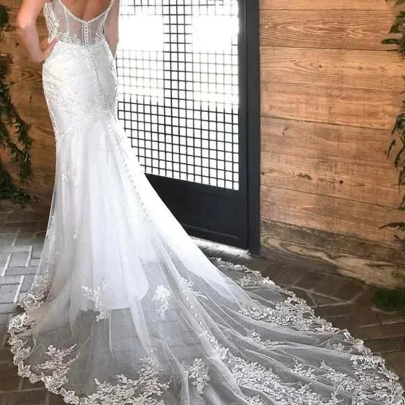 White Mermaid Long Bridal Dress with Appliques sold by KissProm product image thumbnail 2