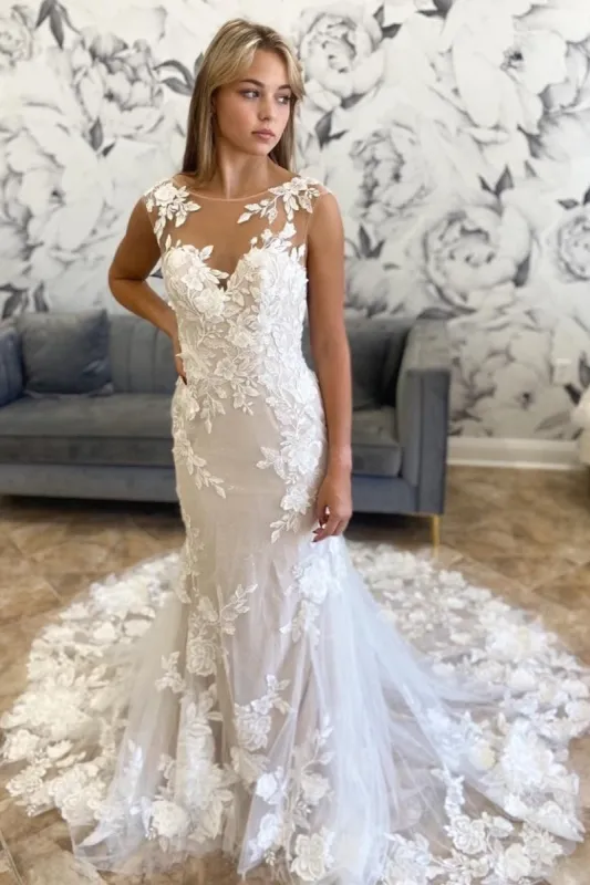 White Illusion Neck Appliques Mermaid Long Wedding Dress made by KissProm