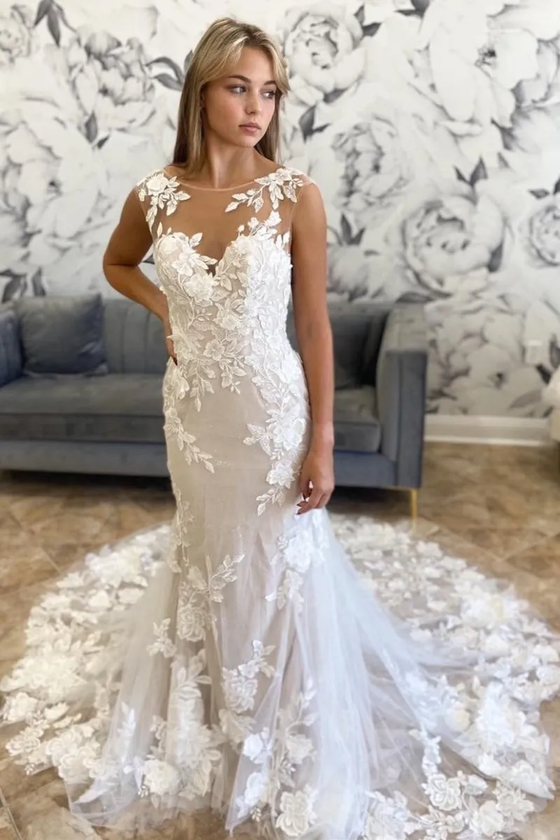 White Illusion Neck Appliques Mermaid Long Wedding Dress sold by KissProm
