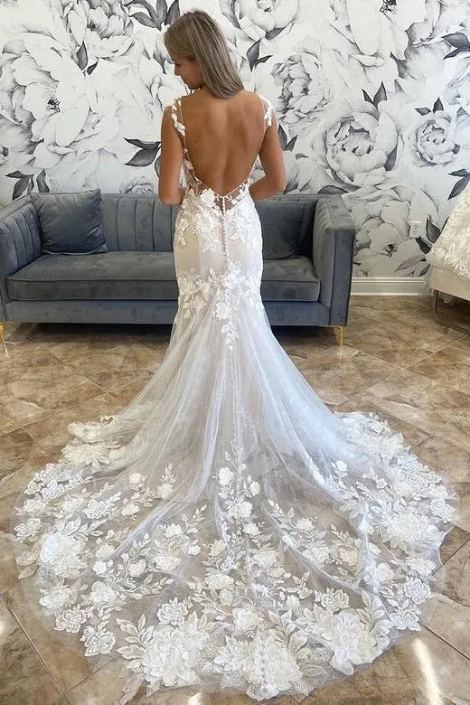 White Illusion Neck Appliques Mermaid Long Wedding Dress sold by KissProm product image thumbnail 2