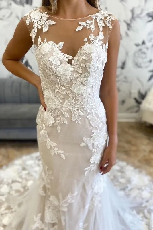 White Illusion Neck Appliques Mermaid Long Wedding Dress sold by KissProm product image thumbnail 3