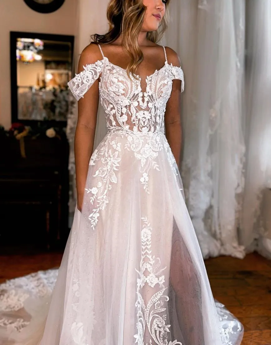 A-Line Off The Shoulder Wedding Dress With Appliques And Slit sold by KissProm product image thumbnail 2