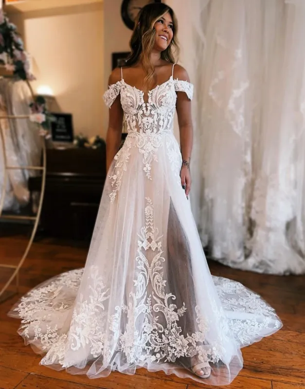 A-Line Off The Shoulder Wedding Dress With Appliques And Slit made by KissProm