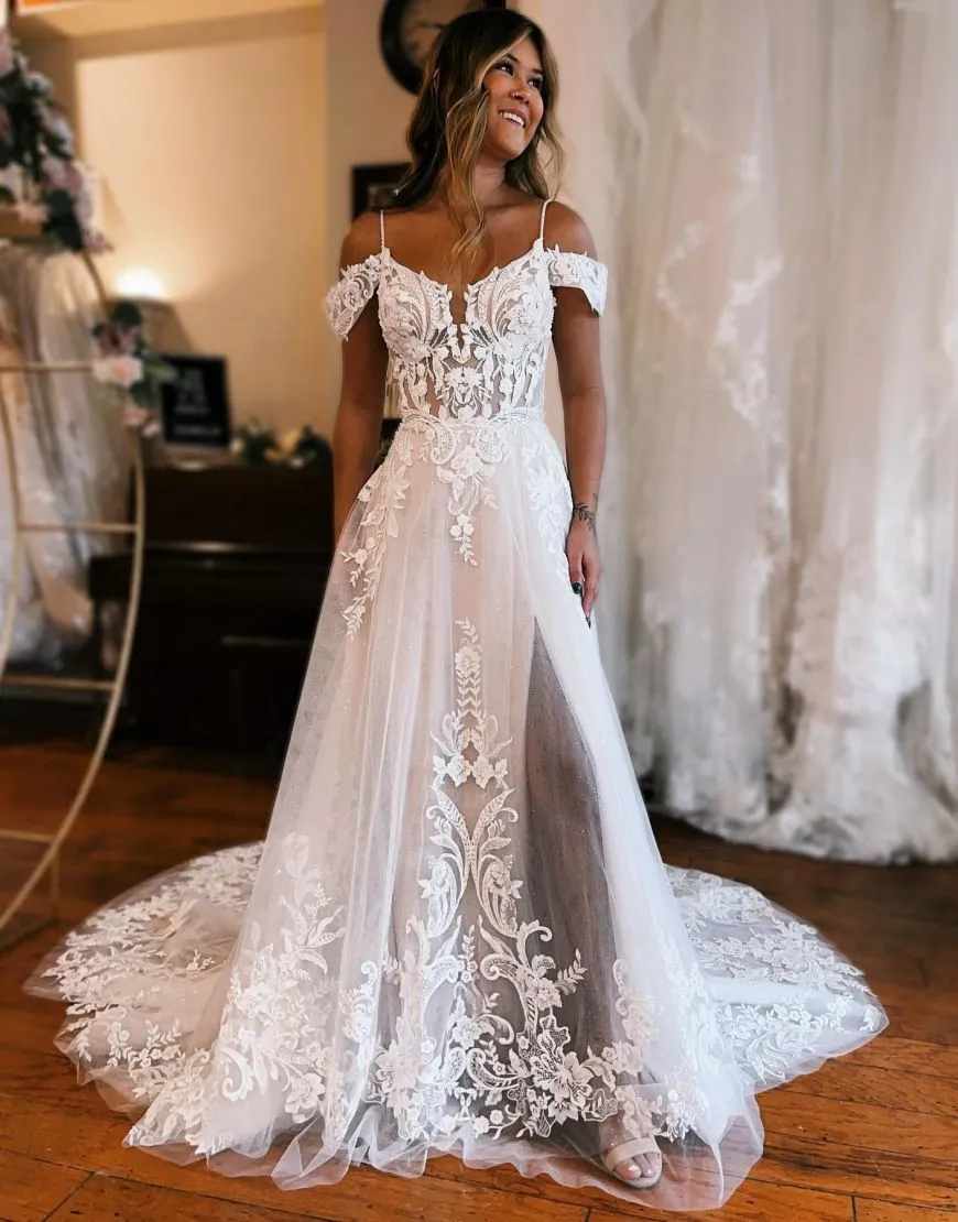 A-Line Off The Shoulder Wedding Dress With Appliques And Slit sold by KissProm