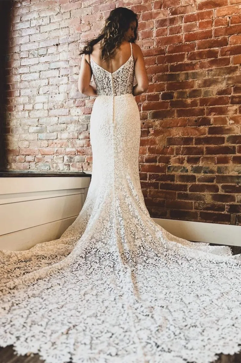 White Lace Sweetheart Sleeveless Mermaid Long Wedding Dress sold by KissProm product image thumbnail 5