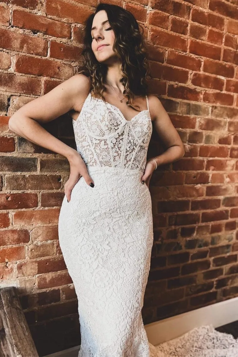 White Lace Sweetheart Sleeveless Mermaid Long Wedding Dress sold by KissProm product image thumbnail 2