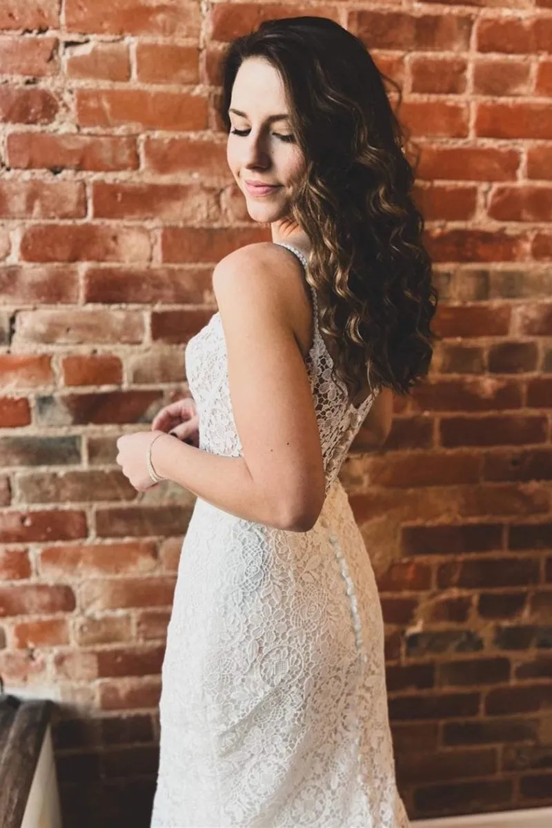 White Lace Sweetheart Sleeveless Mermaid Long Wedding Dress sold by KissProm product image thumbnail 3