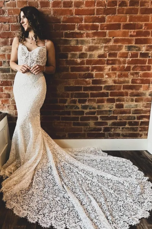 White Lace Sweetheart Sleeveless Mermaid Long Wedding Dress made by KissProm