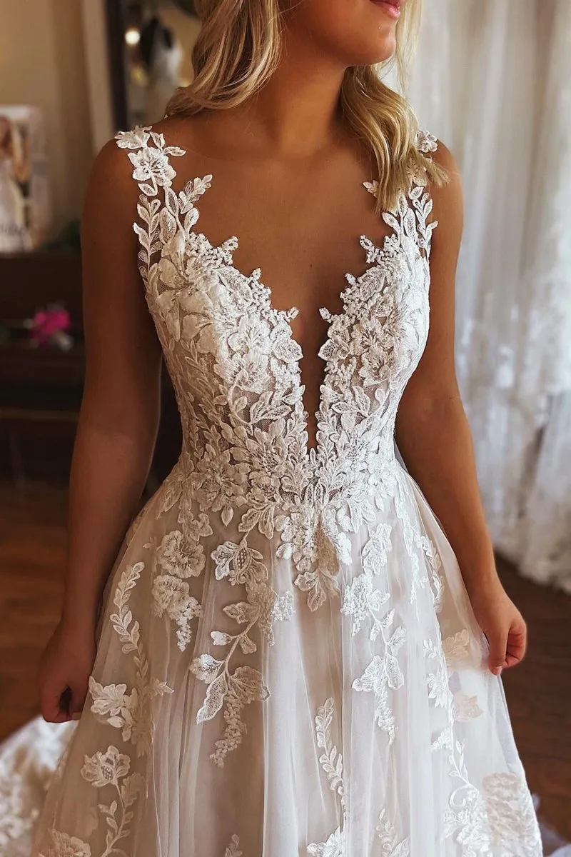 Ivory V-Neck A-Line Tulle Wedding Dress with Pockets sold by KissProm product image thumbnail 3