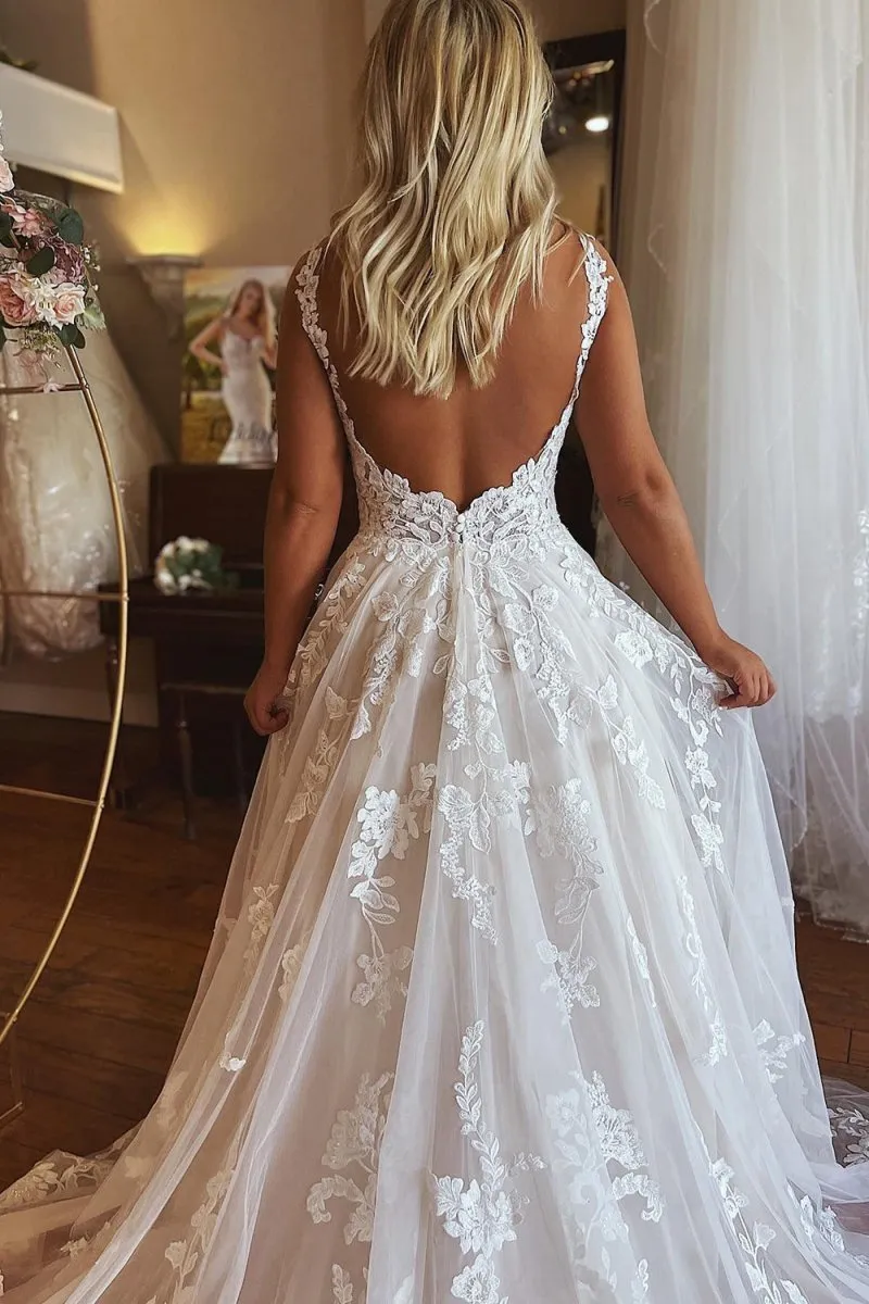 Ivory V-Neck A-Line Tulle Wedding Dress with Pockets sold by KissProm product image thumbnail 4