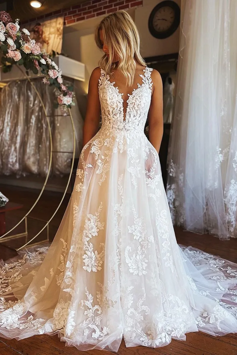 Ivory V-Neck A-Line Tulle Wedding Dress with Pockets sold by KissProm