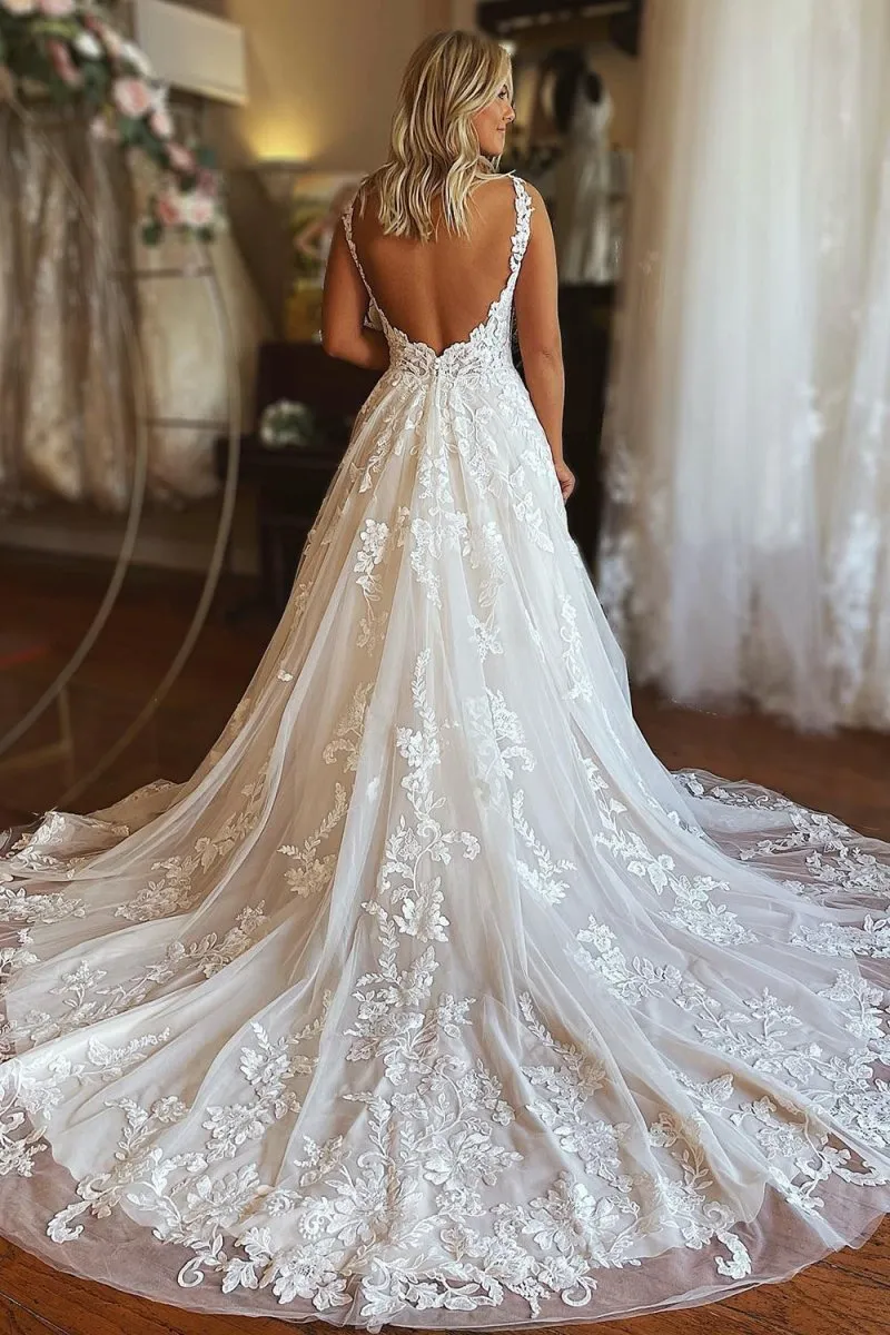 Ivory V-Neck A-Line Tulle Wedding Dress with Pockets sold by KissProm product image thumbnail 2