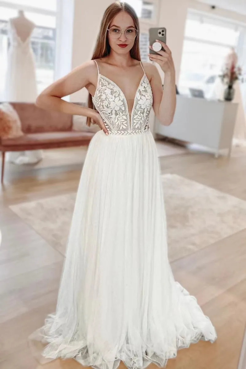Simple White A-Line Boho Long Chiffon Wedding Dress with Lace Appliques sold by KissProm