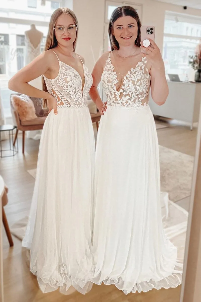 Simple White A-Line Boho Long Chiffon Wedding Dress with Lace Appliques sold by KissProm product image thumbnail 2