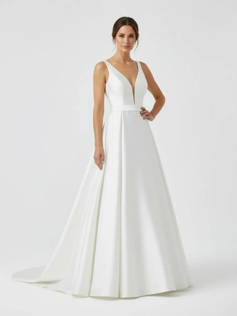 Ivory A-Line Deep V-Neck Long Wedding Dress with Bowknot sold by KissProm product image thumbnail 4