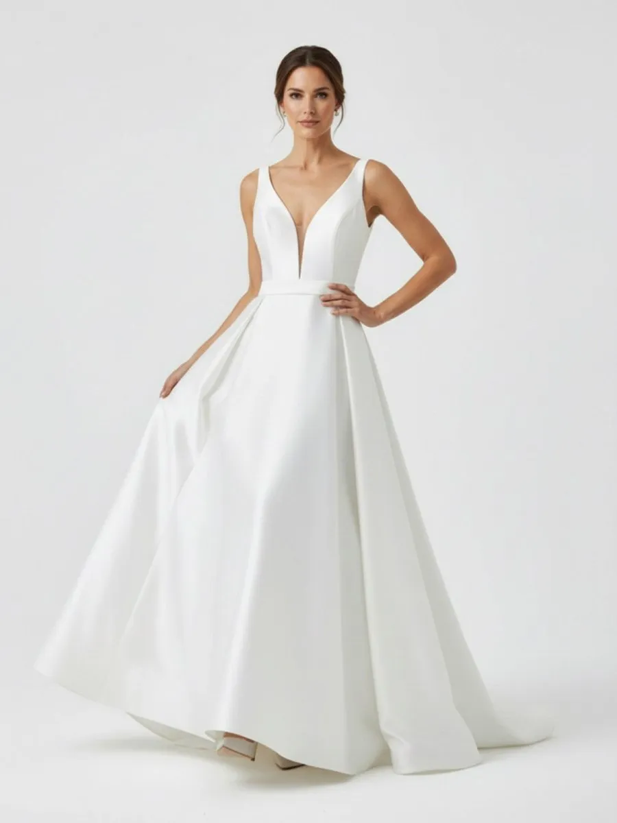 Ivory A-Line Deep V-Neck Long Wedding Dress with Bowknot sold by KissProm product image thumbnail 5