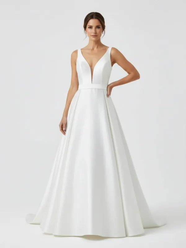 Ivory A-Line Deep V-Neck Long Wedding Dress with Bowknot made by KissProm