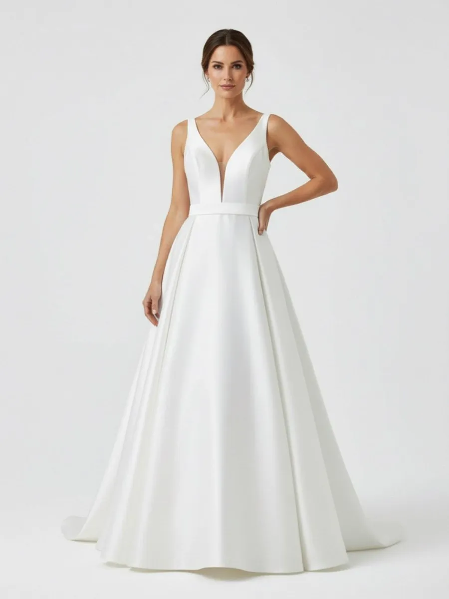 Ivory A-Line Deep V-Neck Long Wedding Dress with Bowknot sold by KissProm