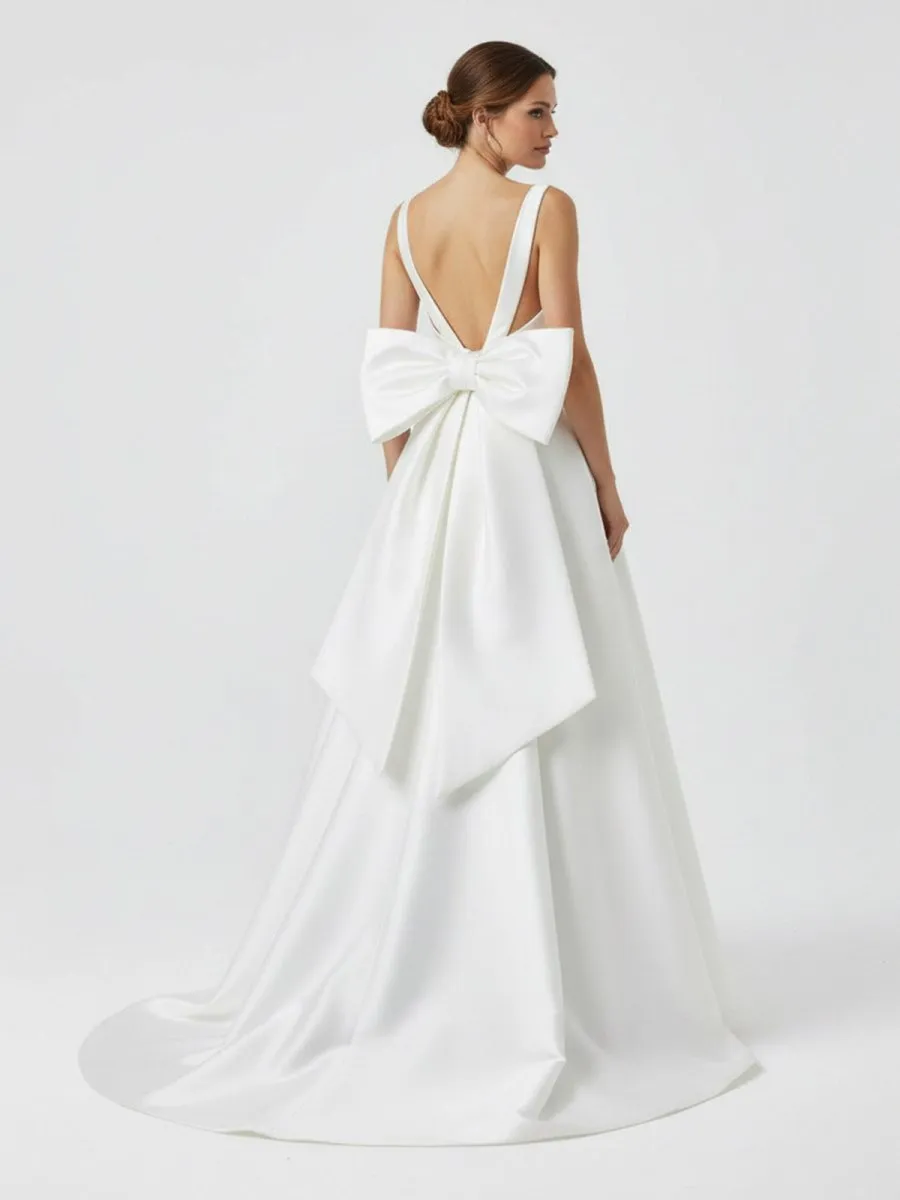 Ivory A-Line Deep V-Neck Long Wedding Dress with Bowknot sold by KissProm product image thumbnail 3