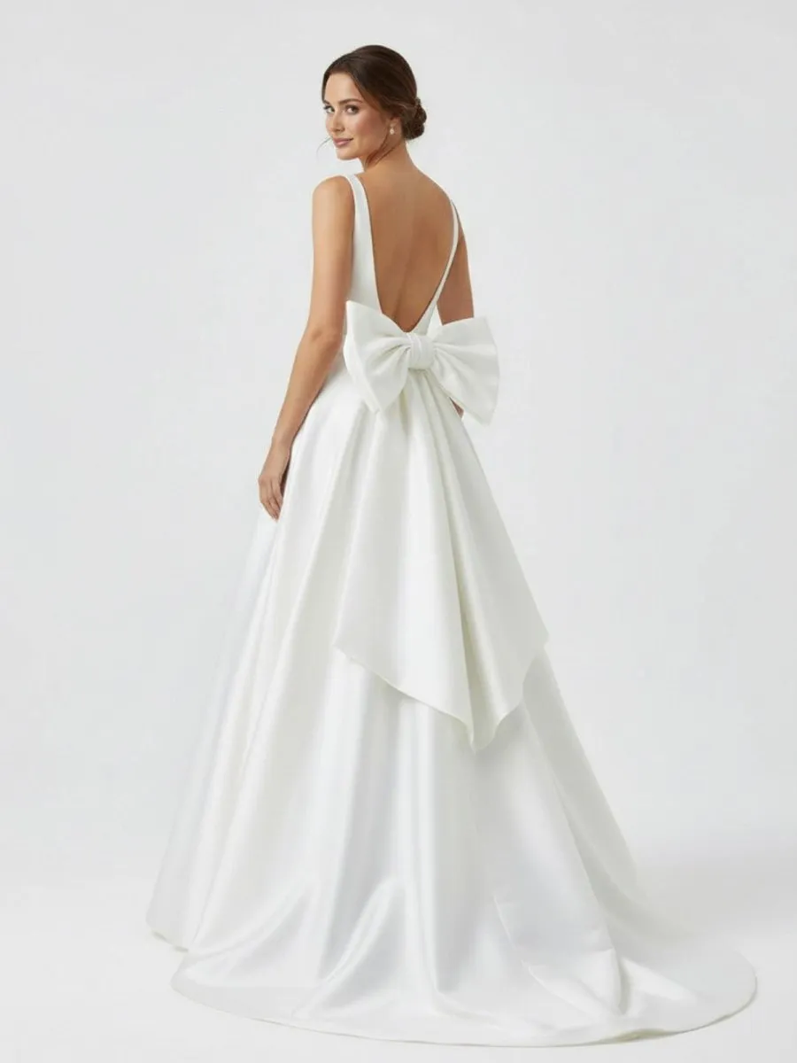 Ivory A-Line Deep V-Neck Long Wedding Dress with Bowknot sold by KissProm product image thumbnail 2