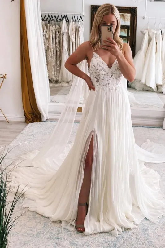 Ivory A-Line Watteau Train Boho Long Chiffon Wedding Dress with Lace made by KissProm