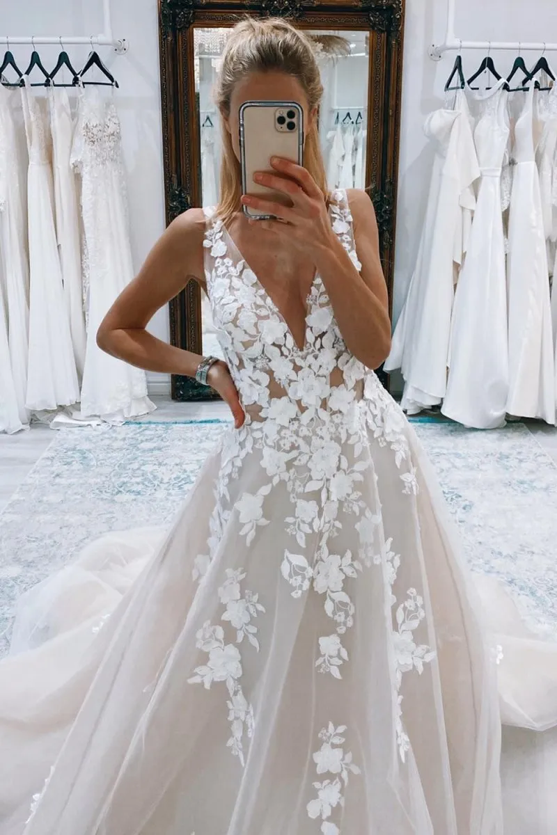 Ivory A-Line Ivory V-Neck Long Tulle Wedding Dress with Appliques sold by KissProm
