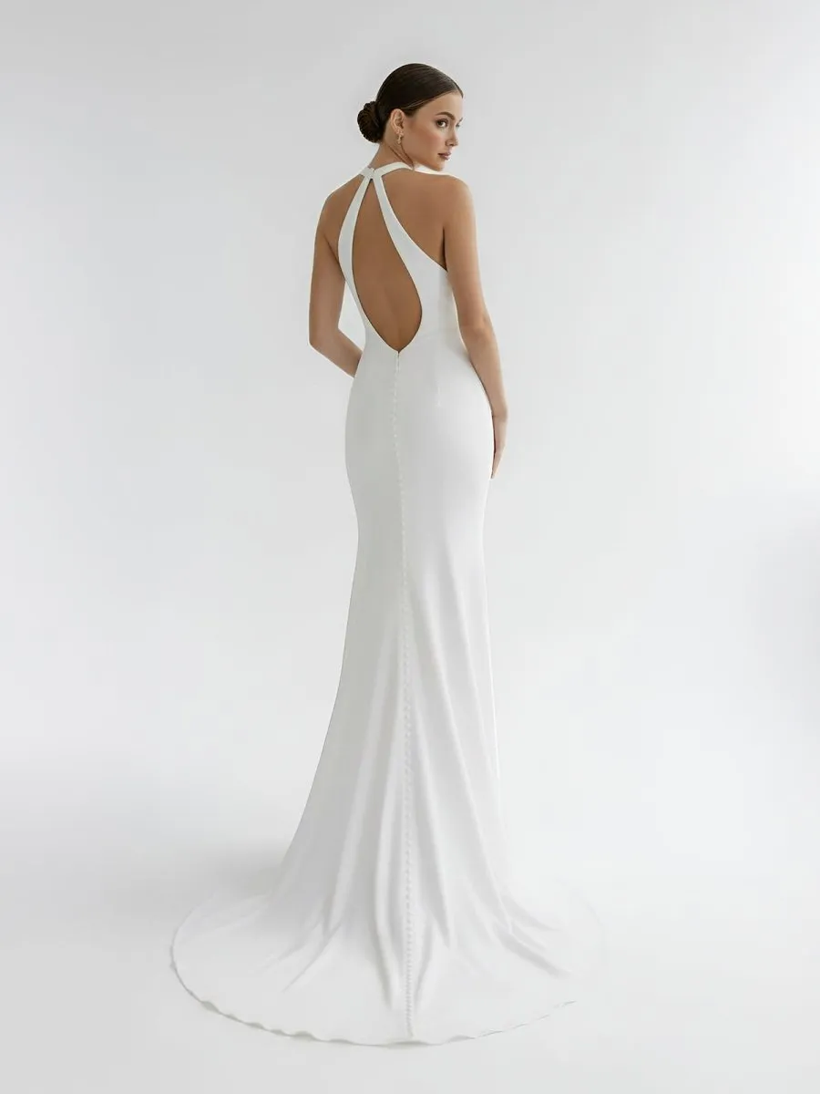 Simple White Halter Open Back Long Wedding Dress sold by KissProm product image thumbnail 2