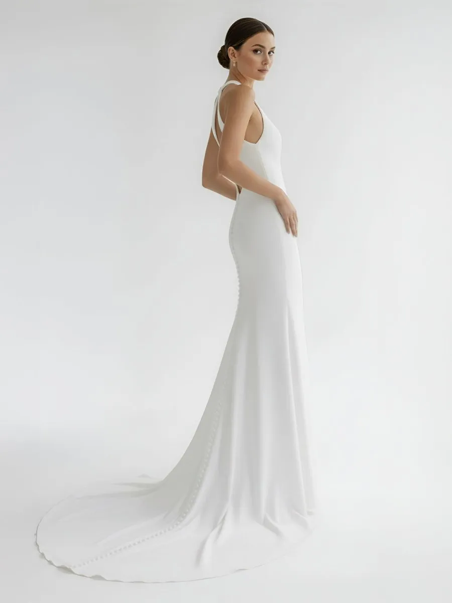 Simple White Halter Open Back Long Wedding Dress sold by KissProm product image thumbnail 3