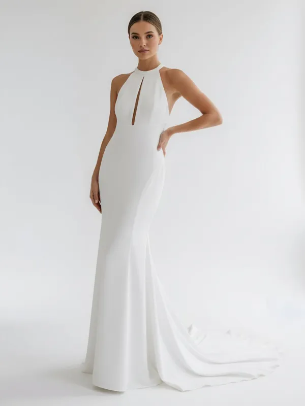 Simple White Halter Open Back Long Wedding Dress made by KissProm