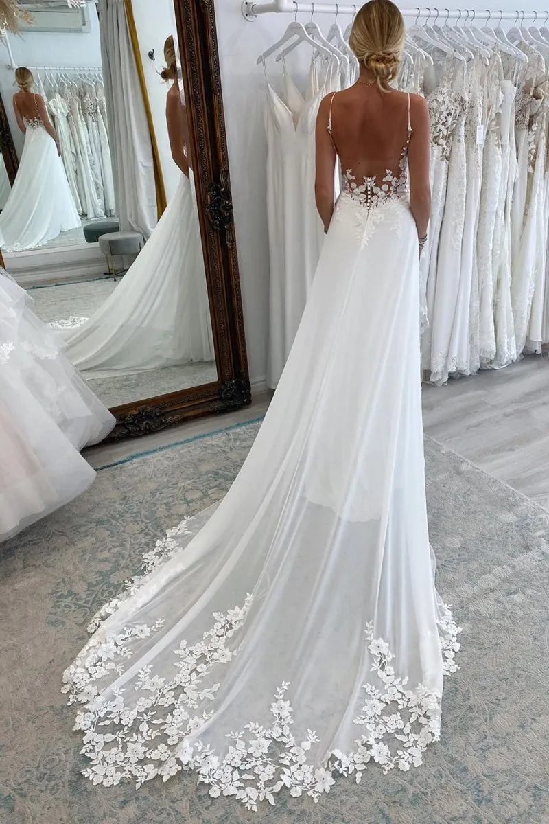 White Long Chiffon Boho A-Line Wedding Dress with Lace sold by KissProm product image thumbnail 2
