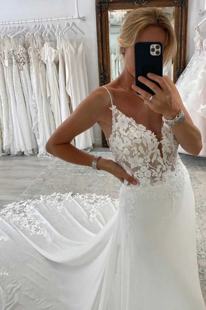 White Long Chiffon Boho A-Line Wedding Dress with Lace sold by KissProm product image thumbnail 3