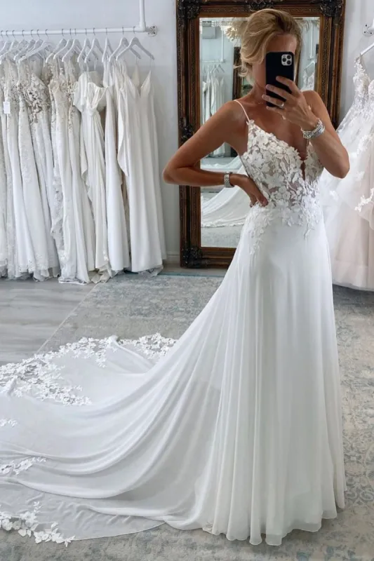 White Long Chiffon Boho A-Line Wedding Dress with Lace made by KissProm