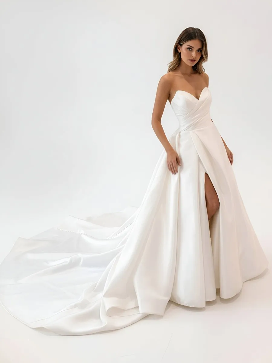 White Satin Long A-Line Wedding Dress with Slit sold by KissProm product image thumbnail 3