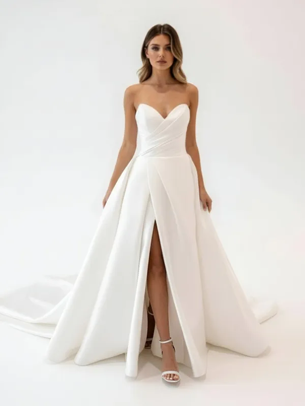 White Satin Long A-Line Wedding Dress with Slit made by KissProm